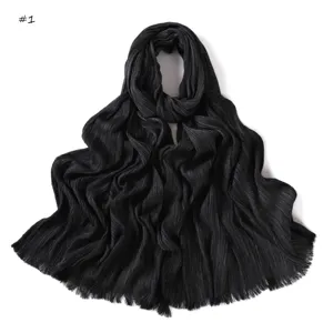 Black pleated crinkle long scarf with frayed fringe, soft cotton linen material for daily wear.