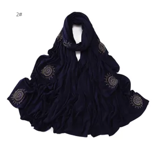 Dark blue long scarf rhinestone detail hijab breathable cotton shawl exquisite pattern details