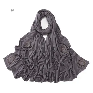 Elastic rhinestone long hijab scarf for women, solid color breathable cotton wrap shawl.