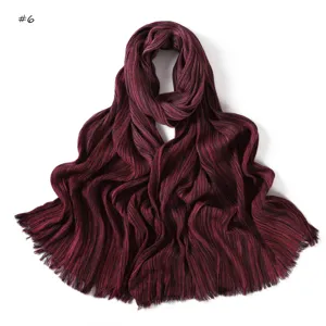 Women vintage pleated long scarf burgundy soft casual fringed cotton blend winter warm shawl