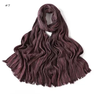 Detailed view of the dark purple pleated fringe scarf, showing fine texture and soft fabric.
