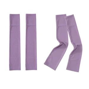 Purple ribbed ice silk sun protection arm sleeves, breathable and soft fabric detail.