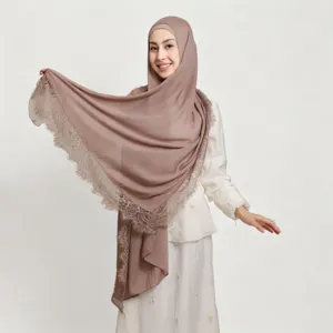 Modal cotton lace hijab shawl with matching inner cap set, breathable and elegant Muslim headwear.