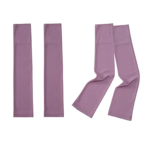 Purple ribbed ice silk arm sleeves for sun protection, elastic breathable outdoor sport covers.