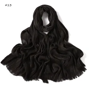 Vintage pleated long scarf for women, soft cotton linen fringed shawl in dark brown.
