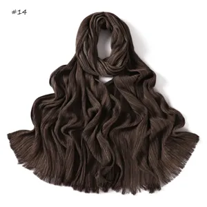 Vintage striped crinkled cotton linen long scarf with fringe, soft casual dark brown shawl.