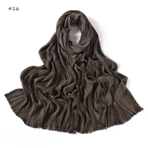 Retro striped pleated scarf detail, soft cotton linen long shawl with frayed edges for women.
