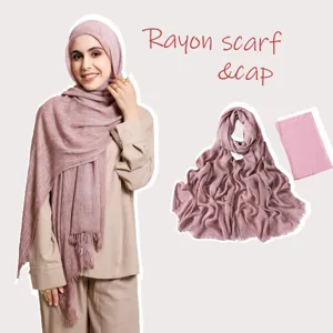 Donna Sciarpa Lunga in Rayon Stropicciato E Set di Berretto Elastico Tinta Unita Copricapo Islamico Scialle Casual con Berretto