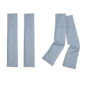 Detailed view of light blue ribbed ice silk arm sleeves, breathable and comfortable design.