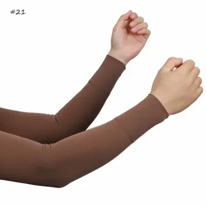 Brown ribbed ice silk arm sleeves for sun protection, breathable and elastic arm covers detail.
