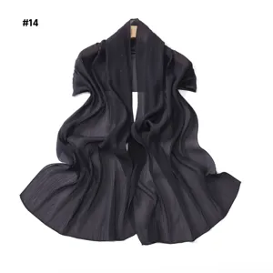 Solid color pleated shimmering chiffon scarf, elegant lightweight long shawl for women.