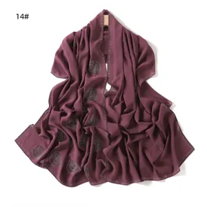 Women purple chiffon shawl scarf with rhinestone details, elegant long draped hijab.