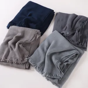 Soft pleated rayon long scarf with fringe, breathable solid color hijab for women.