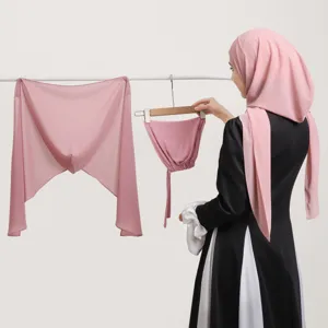 Chiffon hijab set with magnetic bonnet, solid color Muslim headscarf for elegant daily wear.
