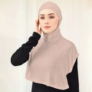Modal hijab fake collar detail view, soft cotton one-piece headscarf accessory in solid pastel pink.