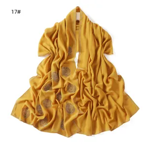 Mustard yellow chiffon long scarf with rhinestone rose patterns and sparkling crystal trims detail.