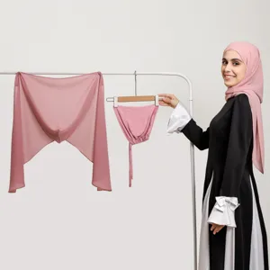 Solid Color Pearl Chiffon Hijab Scarf Set With Magnetic Buckle And Matching Tie Cap Muslim Headwear For Women