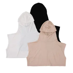 Detailed view of sleeveless modal cotton hooded fake collar in solid colors for women daily wear.