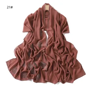 Elegant chiffon long scarf shawl with sparkling rhinestone details in a lovely dark pink shade.