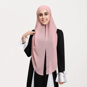 Detail shot of the elegant pink chiffon instant hijab set showcasing fabric and design.
