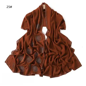 High quality drape chiffon rhinestone scarf detail shawl elegant rust brown solid color accessory