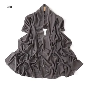 Dark grey chiffon scarf for women, elegant rhinestone swirl pattern shawl, lightweight versatile long wrap.