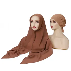 Brown chiffon hijab set with matching tie cap, elegant Muslim headscarf for women.