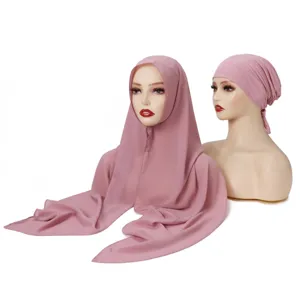 Solid color chiffon hijab scarf and tie cap set for women, elegant daily wear Muslim headscarf.