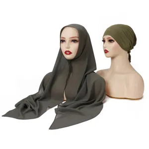 Solid color chiffon Muslim hijab set with inner cap and draped scarf for women elegant wear.