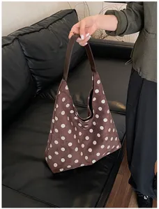 Brown suede polka dot shoulder bag, vintage large capacity casual tote bag for women.