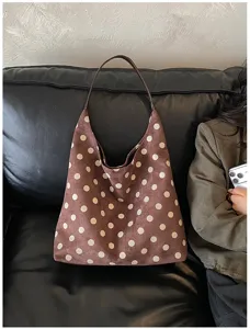 Suede polka dot shoulder bag, vintage large capacity tote bag for women autumn style.