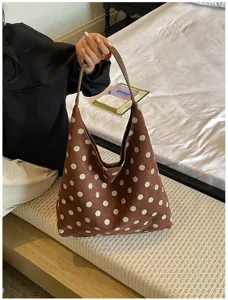 Brown suede polka dot shoulder bag, vintage large capacity tote bag for women daily use.