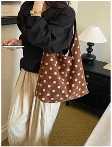 Brown suede polka dot shoulder bag, vintage chic large capacity tote bag for women.