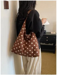 Women Brown Suede Polka Dot Tote Bag Retro Casual Large Capacity Hobo Shoulder Bag