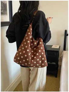 Vintage brown suede polka dot shoulder bag, casual large capacity tote bag for women daily.