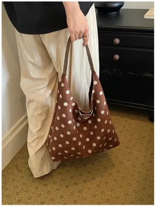 Brown suede polka dot shoulder bag, large capacity vintage hobo tote bag detail view.