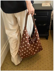 Brown faux suede polka dot shoulder bag, large capacity stylish retro women tote bag daily.
