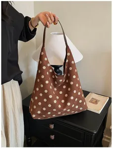 Brown suede polka dot shoulder bag, vintage large capacity tote bag for autumn fashion style.