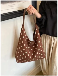 Brown suede polka dot shoulder bag, casual large capacity hobo tote bag detail display.