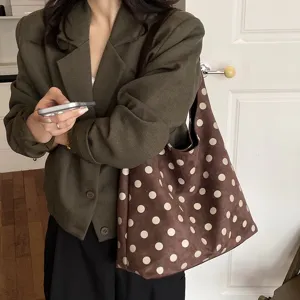 Vintage brown suede polka dot tote bag for women, large capacity stylish shoulder bag.