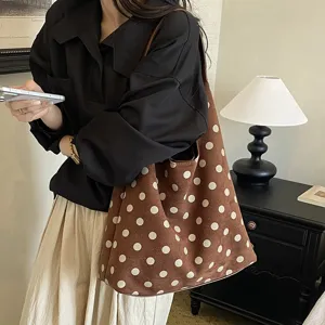 Brown suede polka dot tote bag for women, large capacity retro autumn shoulder bag.