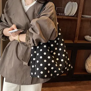Stylish black and white polka dot canvas tote bag, large capacity retro casual shoulder bag.