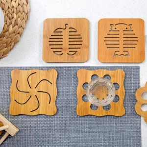 Wooden hollow coasters heat insulation pad set, square wooden mats for kitchen dining table.