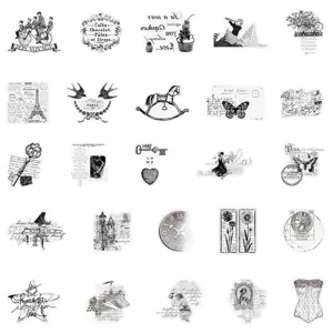 Vintage black and white PET stickers set, waterproof retro scrapbooking labels for DIY crafts.