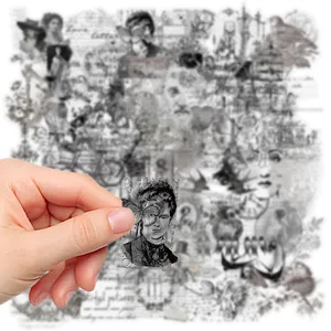 Vintage PET transparent sticker detail, featuring retro portrait and ephemera designs.