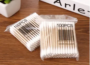 Doppelköpfige Holz-Wattestäbchen im transparenten Beutel, 100 Stück pro Packung für den Alltag.
