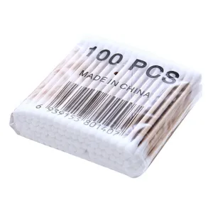 100 Stueck doppelseitige Wattestäbchen in transparenter Verpackung, weich und sicher für die Pflege.