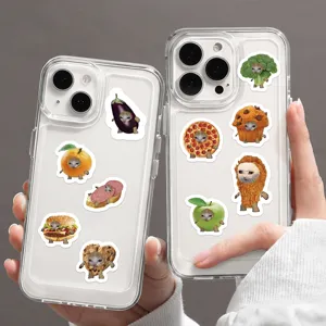 Custodia per telefono trasparente con simpatici adesivi divertenti di gatto meme e cibo.