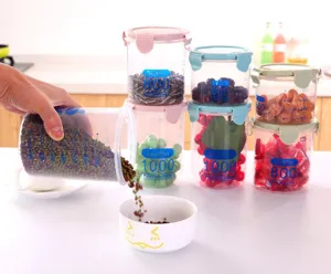 Transparent plastic food storage jar with scale and sealed lid for kitchen cereal grain