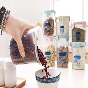 Transparent plastic food storage jar detail with airtight lid for kitchen grains and beans.